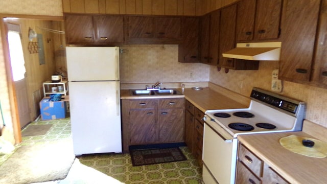 3655 Squiresville Rd, Owenton, KY 40359 - kitchen with white appliances, extractor fan, a sink, light countertops, and brown cabinetry