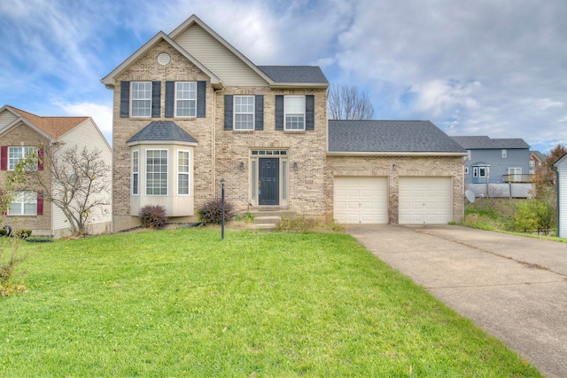 view of front of property featuring a garage, brick siding, concrete driveway, roof with shingles, and a front lawn