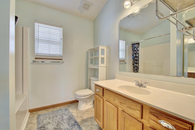 full bathroom featuring baseboards, visible vents, vanity, and toilet