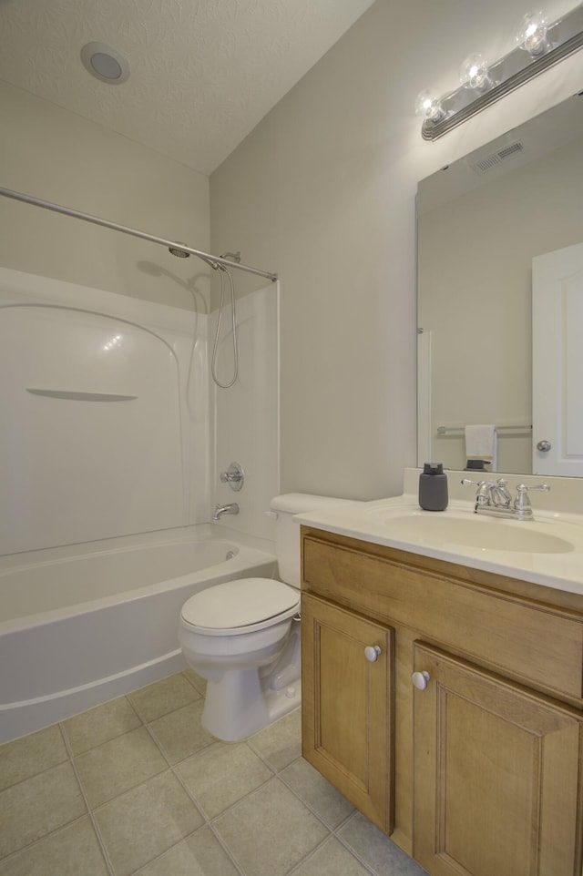 full bathroom with visible vents, toilet, tile patterned flooring, a textured ceiling, and shower / bathtub combination