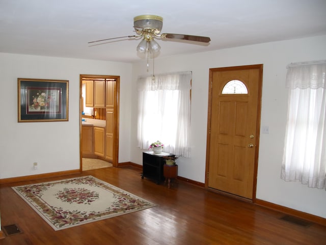 entryway featuring ceiling fan and wood-type flooring