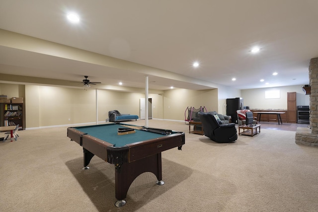 recreation room with recessed lighting, baseboards, light carpet, and pool table