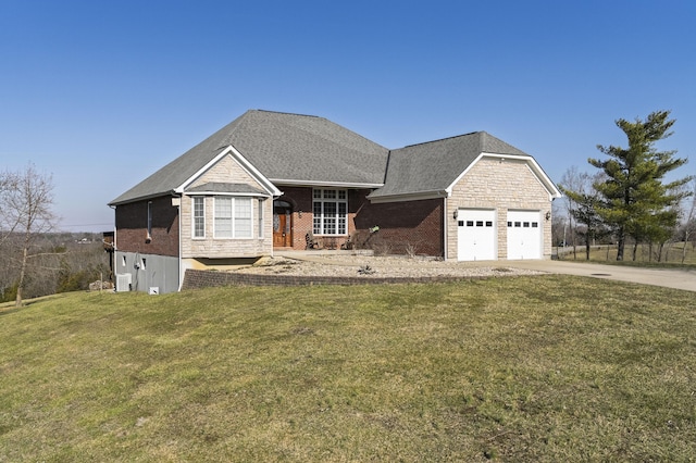 view of front facade featuring brick siding, concrete driveway, a front yard, a garage, and stone siding