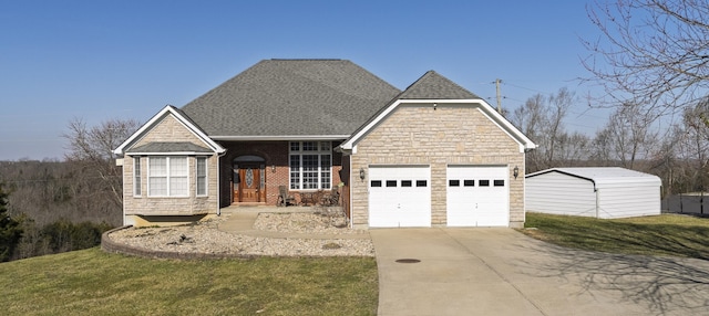 view of front of house with a garage, stone siding, concrete driveway, and a shingled roof