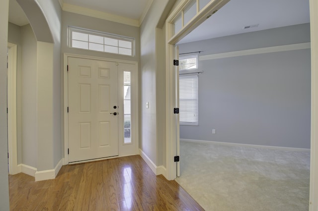 carpeted entrance foyer with ornamental molding and a wealth of natural light