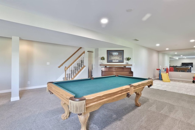 playroom with carpet floors and pool table