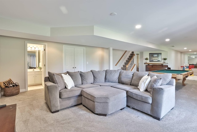 carpeted living room featuring pool table