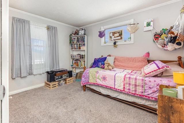 bedroom featuring ornamental molding, carpet, and baseboards