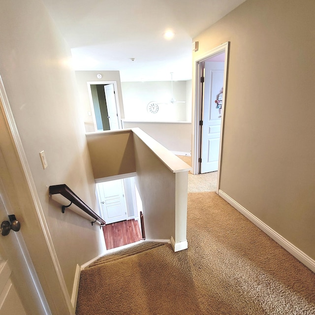 stairs featuring carpet floors and baseboards