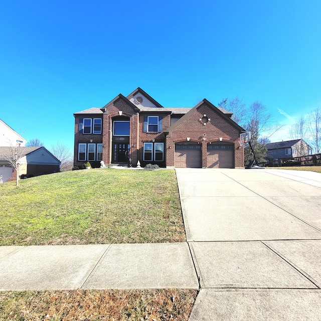 traditional home featuring an attached garage, a front lawn, concrete driveway, and brick siding