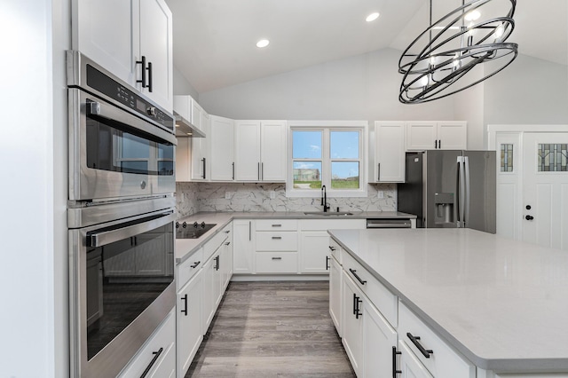 kitchen with white cabinetry, lofted ceiling, and stainless steel appliances