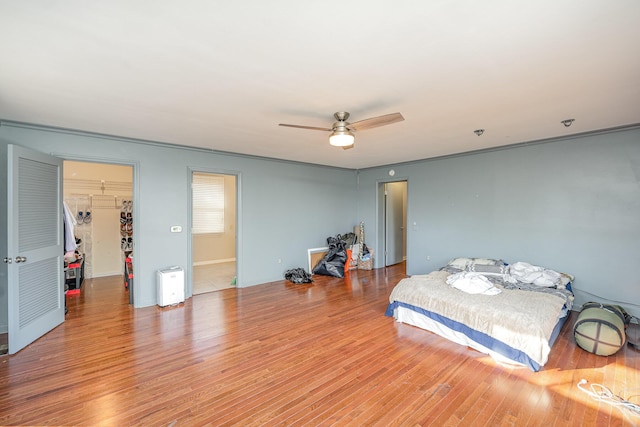 bedroom with ceiling fan, a spacious closet, hardwood / wood-style floors, a closet, and ornamental molding