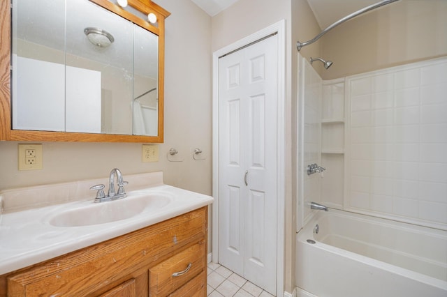 bathroom featuring tile patterned flooring, vanity, and tiled shower / bath combo