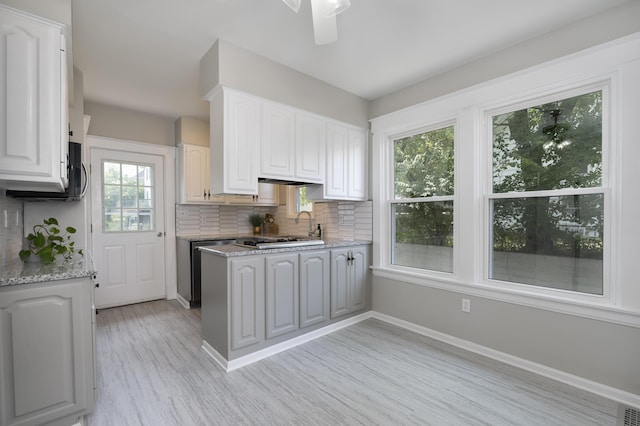 kitchen with light stone countertops, white cabinetry, a wealth of natural light, and light hardwood / wood-style flooring