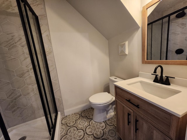 bathroom with tile patterned flooring, vanity, toilet, and a shower with shower door