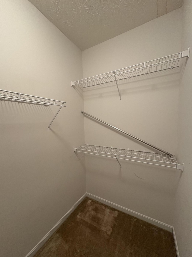 walk in closet with dark colored carpet