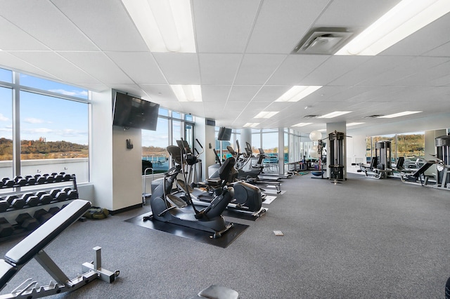 exercise room featuring a drop ceiling and expansive windows