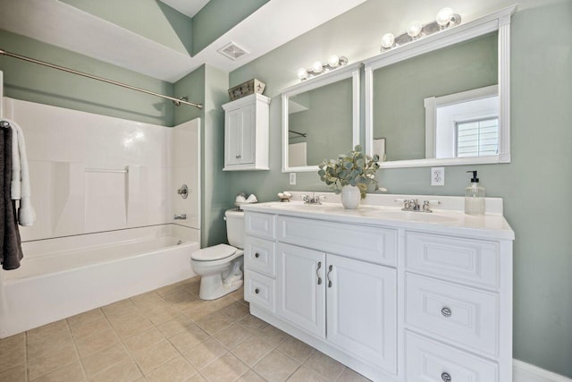 full bathroom with tile patterned flooring, shower / tub combination, vanity, and toilet