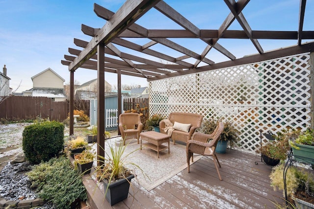 view of patio with a pergola, an outdoor hangout area, and a wooden deck