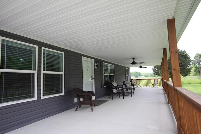 view of patio / terrace featuring ceiling fan and a porch