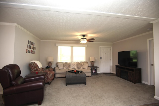 living room featuring ceiling fan, carpet floors, ornamental molding, and a textured ceiling