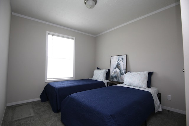 carpeted bedroom with ornamental molding