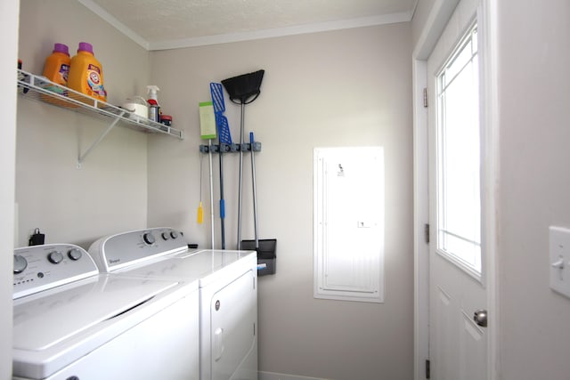 washroom with separate washer and dryer, ornamental molding, and electric panel