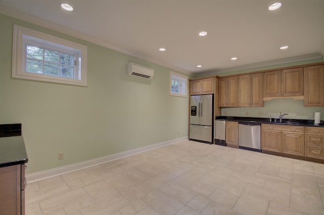 kitchen with a wall unit AC, dark countertops, a sink, stainless steel appliances, and crown molding