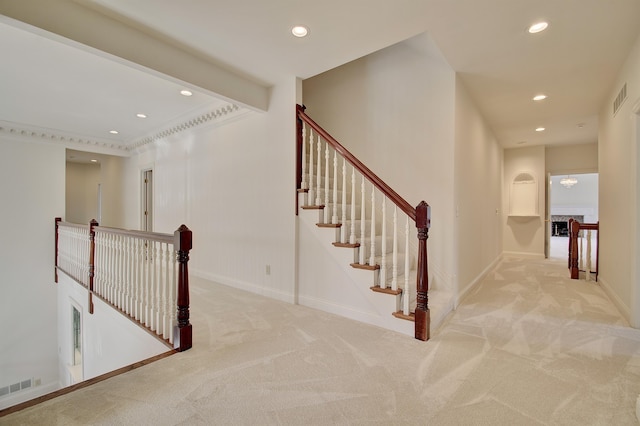 stairs featuring carpet flooring, recessed lighting, and visible vents