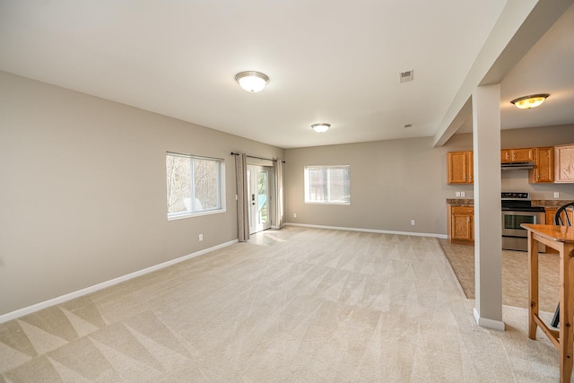 living room with light colored carpet