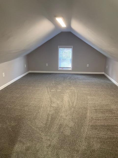 additional living space with lofted ceiling and dark colored carpet