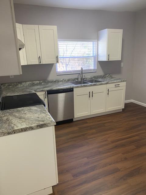 kitchen featuring white cabinetry, dishwasher, sink, dark hardwood / wood-style floors, and stove