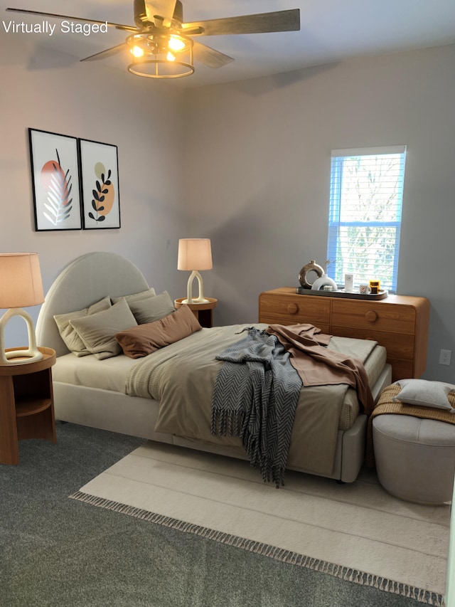 bedroom with carpet flooring and ceiling fan