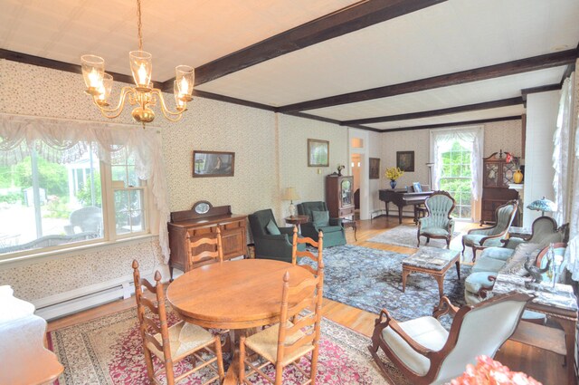 dining room with baseboard heating, hardwood / wood-style floors, a chandelier, and beam ceiling