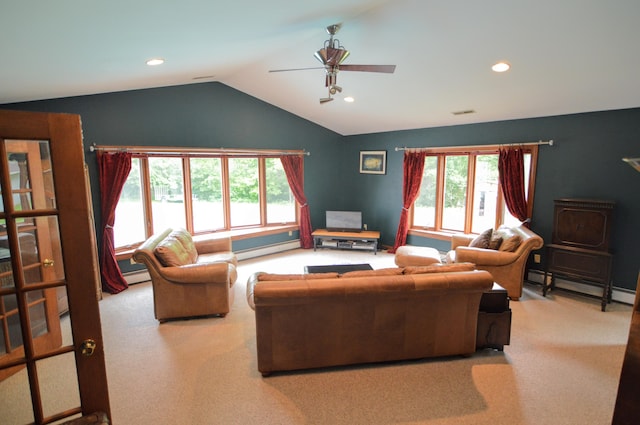 living room with light carpet, lofted ceiling, ceiling fan, and a baseboard heating unit