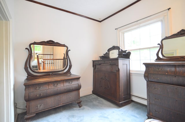 sitting room featuring carpet flooring, a baseboard radiator, and ornamental molding