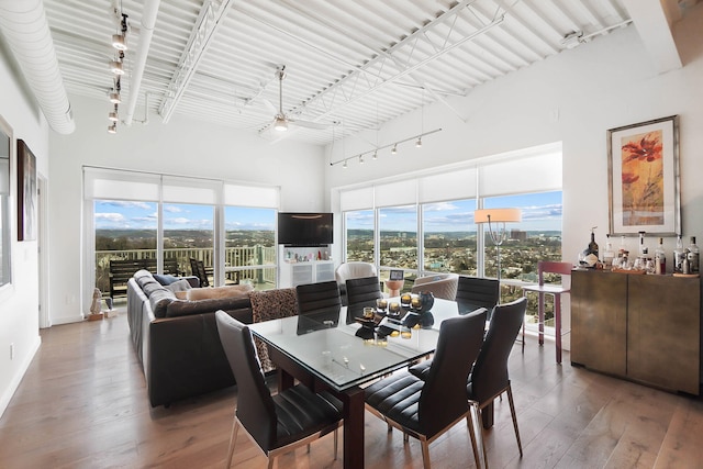 dining space featuring a towering ceiling, ceiling fan, hardwood / wood-style floors, and rail lighting