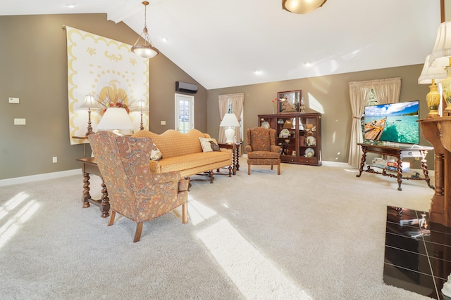 carpeted living room with vaulted ceiling with beams