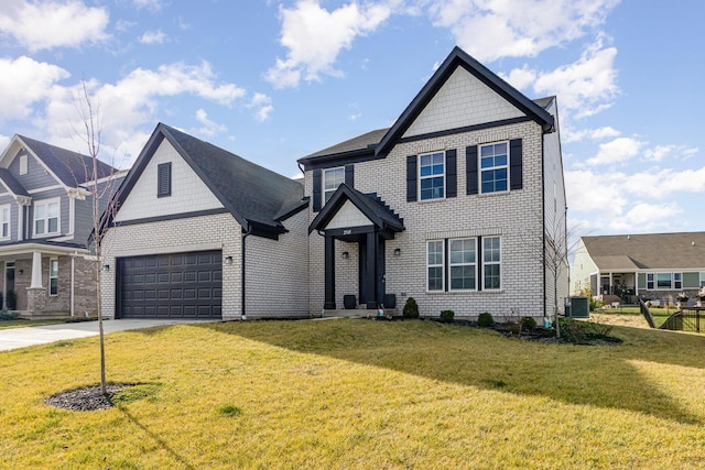 view of front facade featuring a garage, a front yard, and central AC