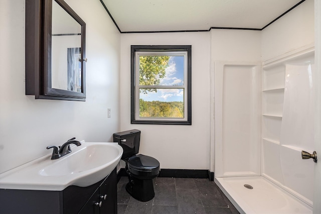 bathroom with a shower, vanity, and toilet