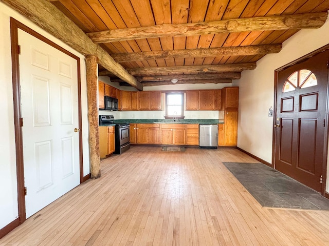 kitchen featuring sink, light hardwood / wood-style flooring, beamed ceiling, wood ceiling, and appliances with stainless steel finishes