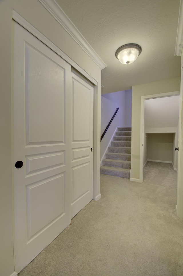 hall with crown molding, light colored carpet, and a textured ceiling