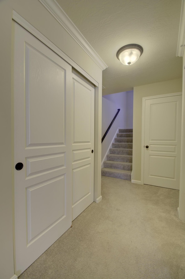 hallway featuring light colored carpet and crown molding