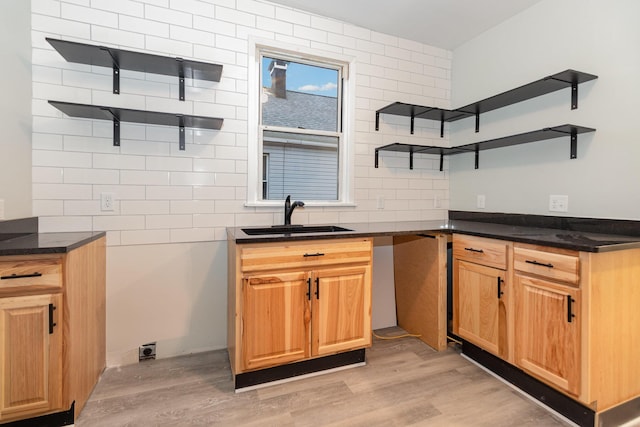 kitchen featuring backsplash, light hardwood / wood-style floors, and sink