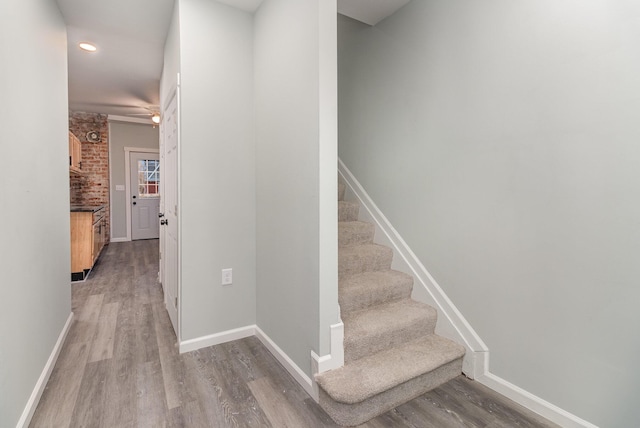 stairs with ceiling fan and wood-type flooring