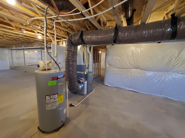 unfinished below grade area with water heater and heating unit