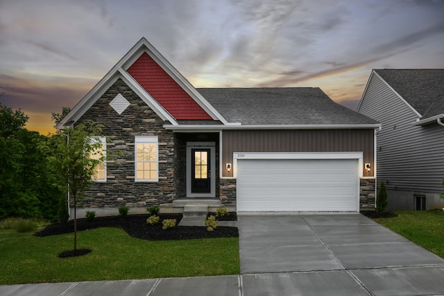 2516 Winners Post Way, Burlington, KY 41005 - craftsman house with stone siding, a garage, concrete driveway, and a front lawn
