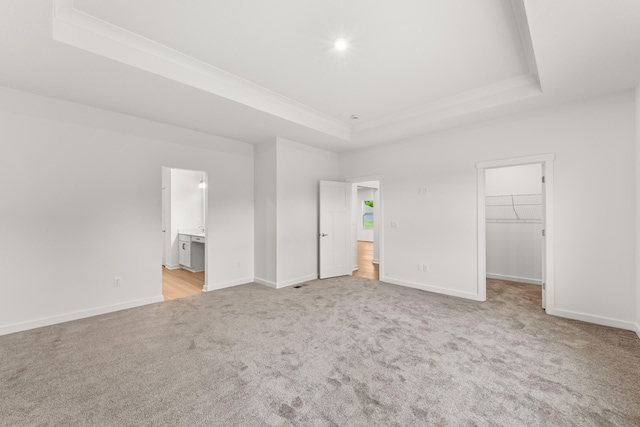 2516 Winners Post Way, Burlington, KY 41005 - unfurnished bedroom featuring a tray ceiling, light carpet, a walk in closet, crown molding, and baseboards