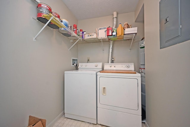 laundry area with electric panel, washer and dryer, and a textured ceiling