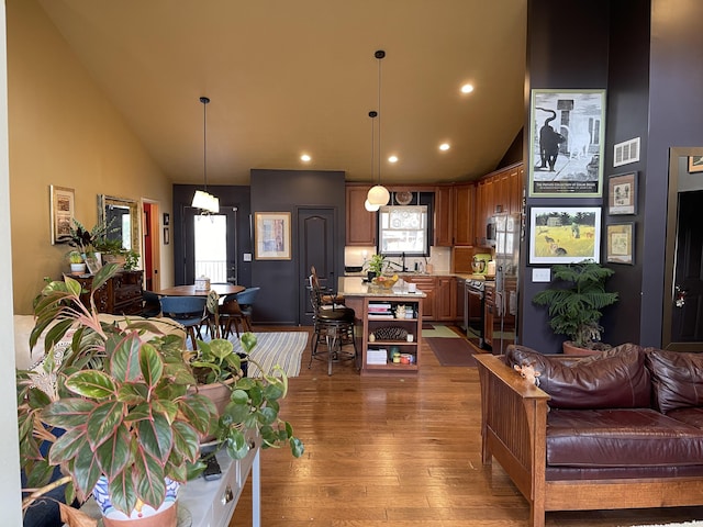 living room with high vaulted ceiling, a healthy amount of sunlight, and hardwood / wood-style flooring